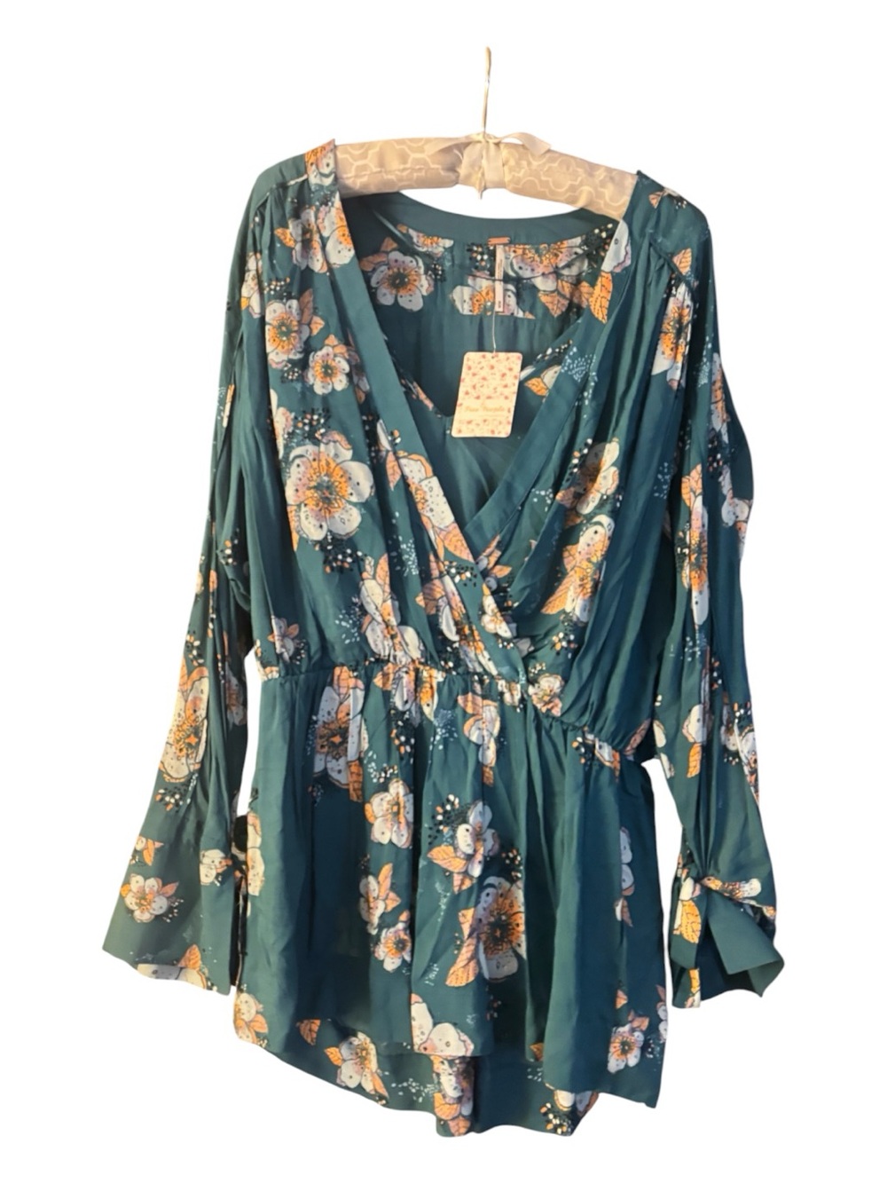 Free People Teal Floral Surplice Mini tunic Dress Size M NWT